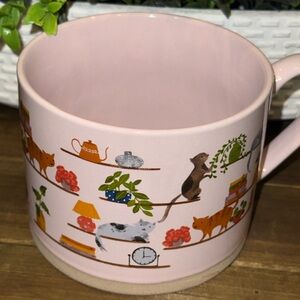 Brand New Large Pink Ceramic Mug- Cats on Bookshelf with Plants and Books